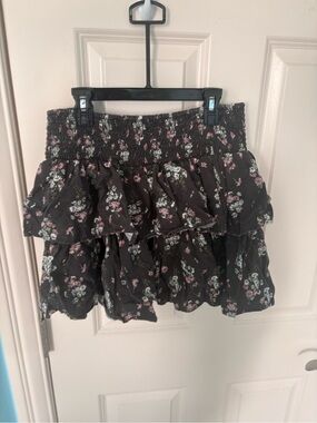 aerie Black Floral Ruffle Tiered Mini Skirt